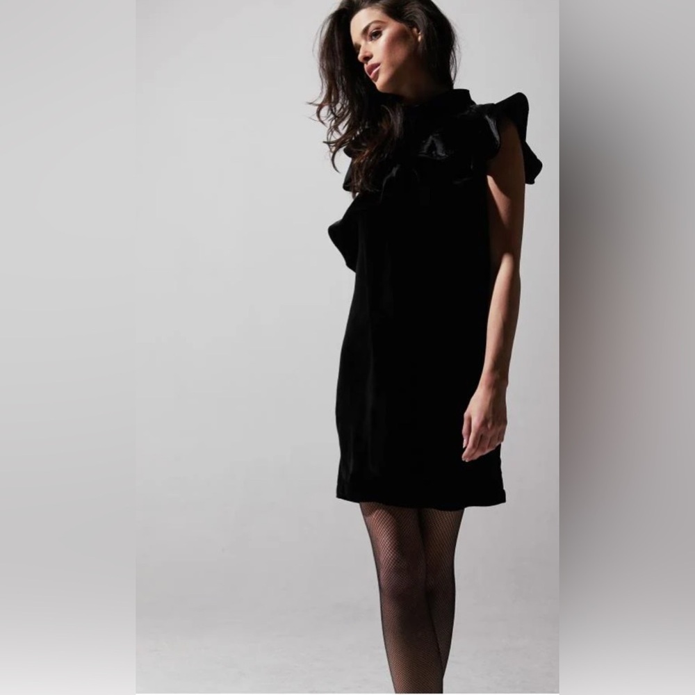 Mcguire Black Velvet Ruffle Mini Dress Anthropologie Sz XS